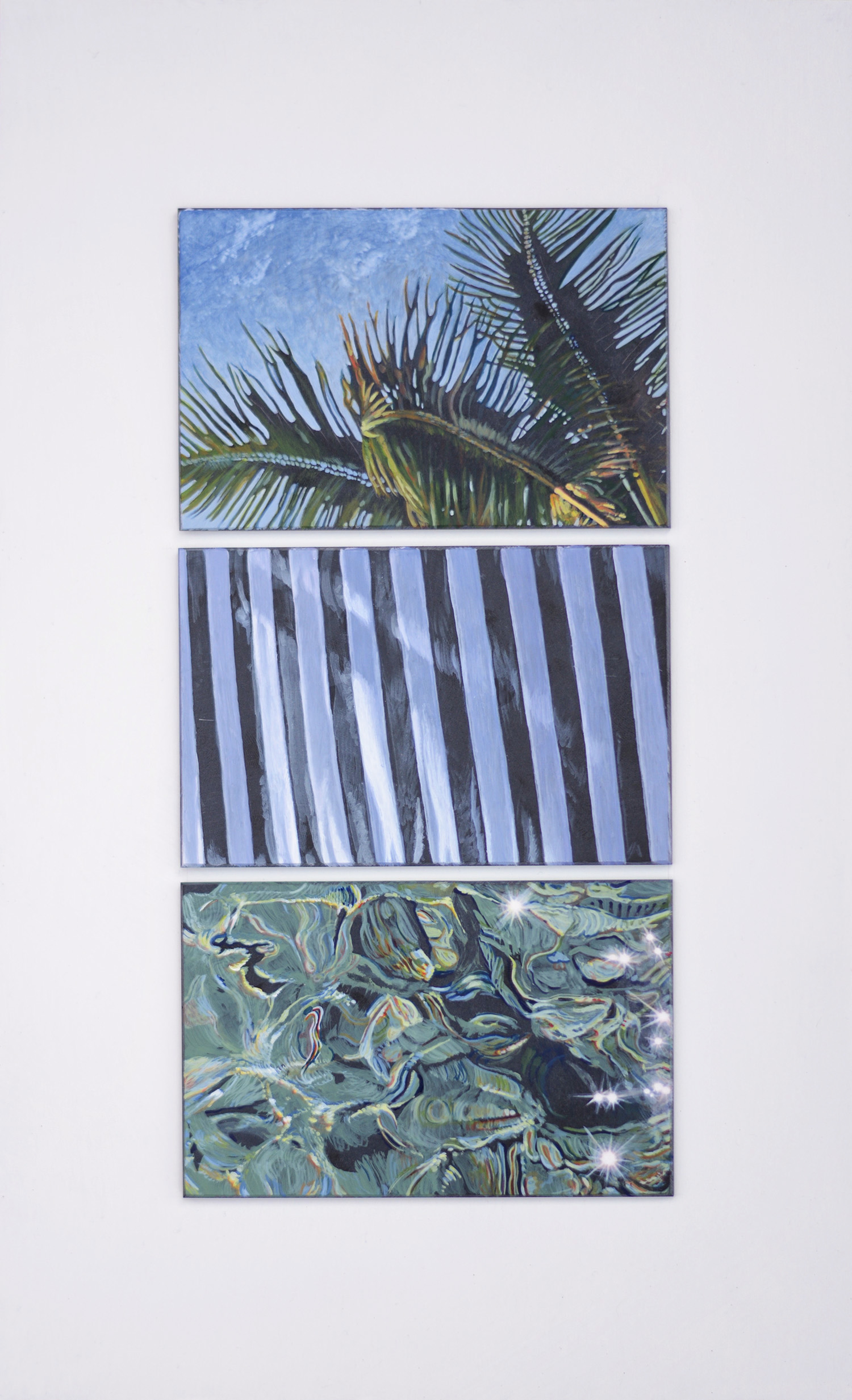 
'Estate (cielo, terra, mare)'
(2016), 
triptych, acrylic on slate. Three hand-painted slate tiles (9x14cm each one) based on enamelled wood (40x25cm)
